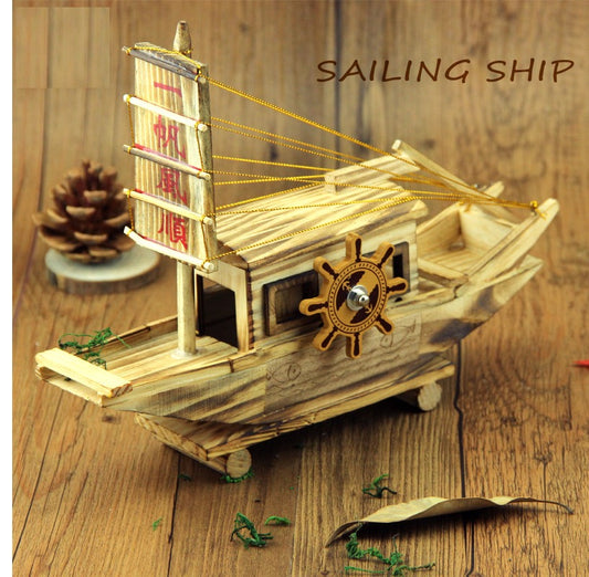 Wood Traditional Chinese Sailing Ship Wooden Waterwheel Music box