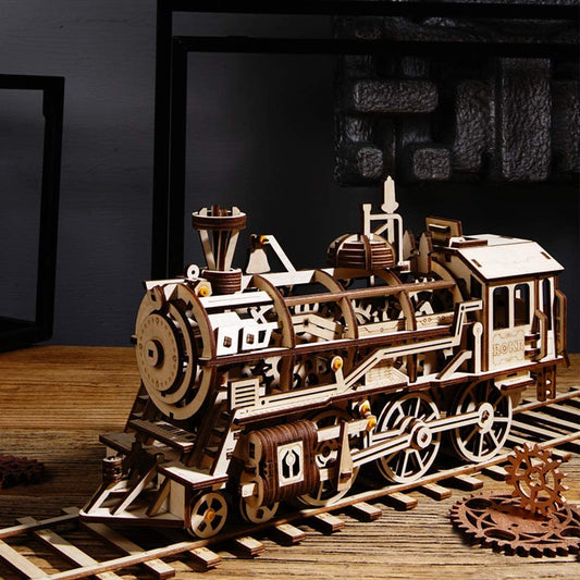 LK701 ROBOTIME Clockwork Gear Drive Locomotive 3D Wooden Model Building Kits Toys Hobbies Children Adult