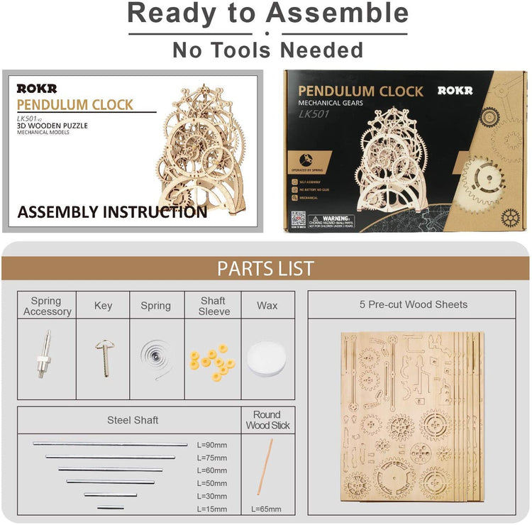 LK501 ROBOTIME 3D Self-Assembly Puzzle Adult Craft Set Brain Teaser Puzzles Pendulum Clock