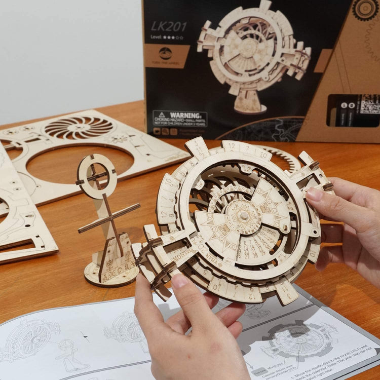 LK201 Wooden Puzzle with Gear Mechanical Model Construction Kits Model Building Moving Kit Engineering Perpetual Calendar