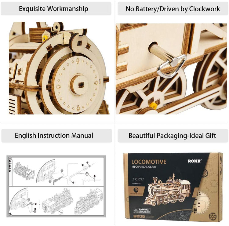 LK701 ROBOTIME Clockwork Gear Drive Locomotive 3D Wooden Model Building Kits Toys Hobbies Children Adult