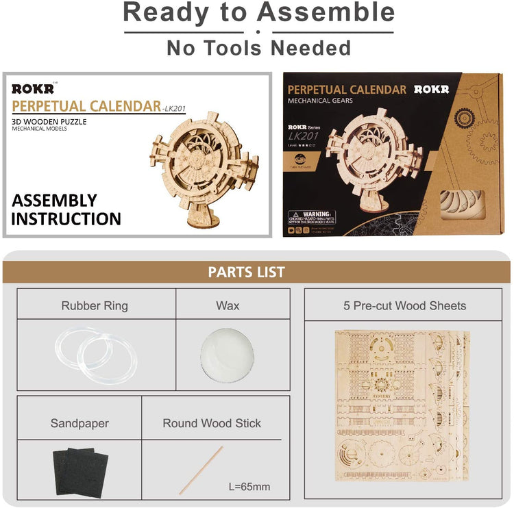 LK201 Wooden Puzzle with Gear Mechanical Model Construction Kits Model Building Moving Kit Engineering Perpetual Calendar