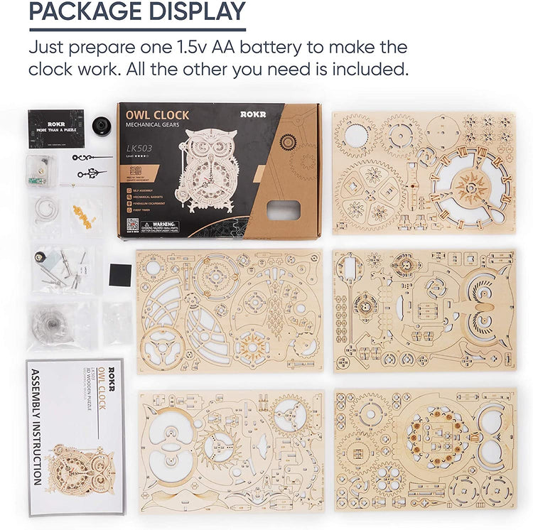 LK503 Wooden Puzzle Owl Clock Kit Model Kits to Build for Adults