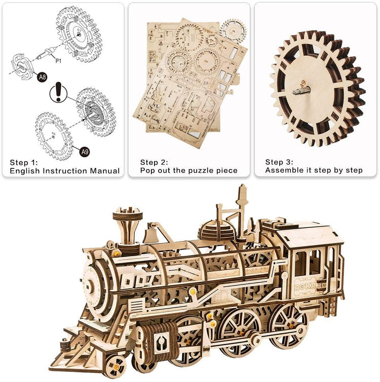 LK701 ROBOTIME Clockwork Gear Drive Locomotive 3D Wooden Model Building Kits Toys Hobbies Children Adult