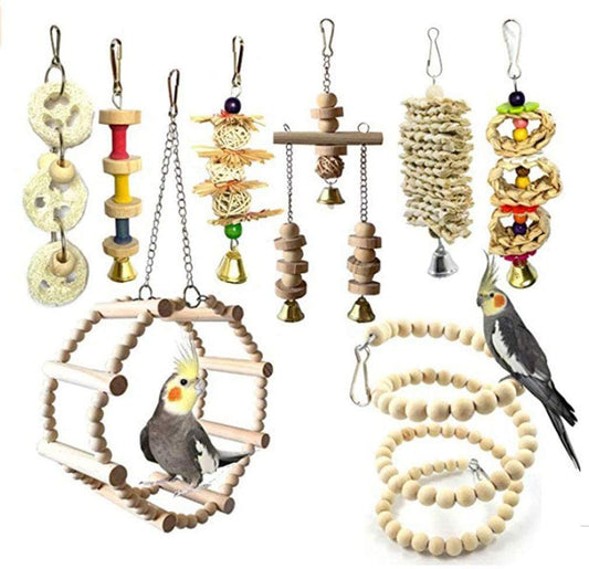 Large 8 pack of Parrot Hanging Swing Bird Toys Harness Cage Ladder Parakeet Cockatiel Budgie Lovebird