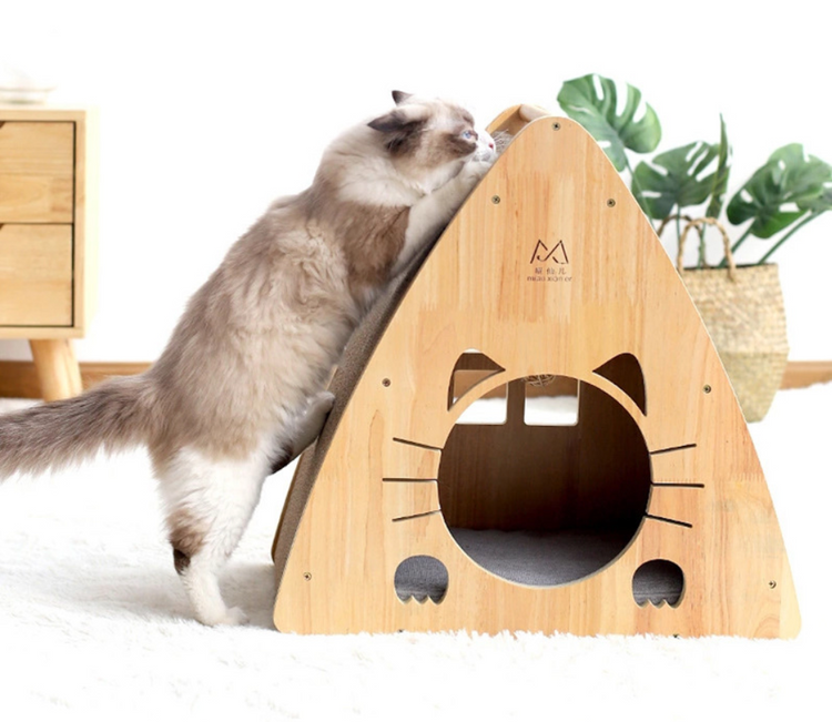 Wooden Cat House + Cat Scratcher All in one