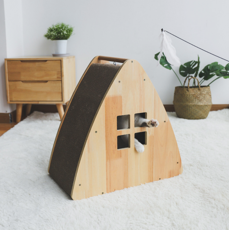 Wooden Cat House + Cat Scratcher All in one